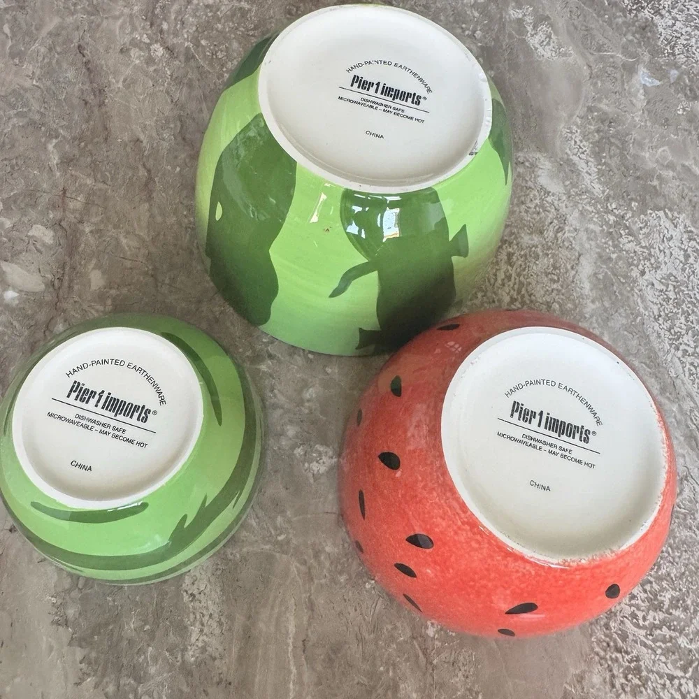 Pier 1 Watermelon Nesting Bowls ~ Set of 3 Hand Painted Earthenware